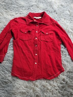 Free People Red Button-Front Long Sleeve Shirt